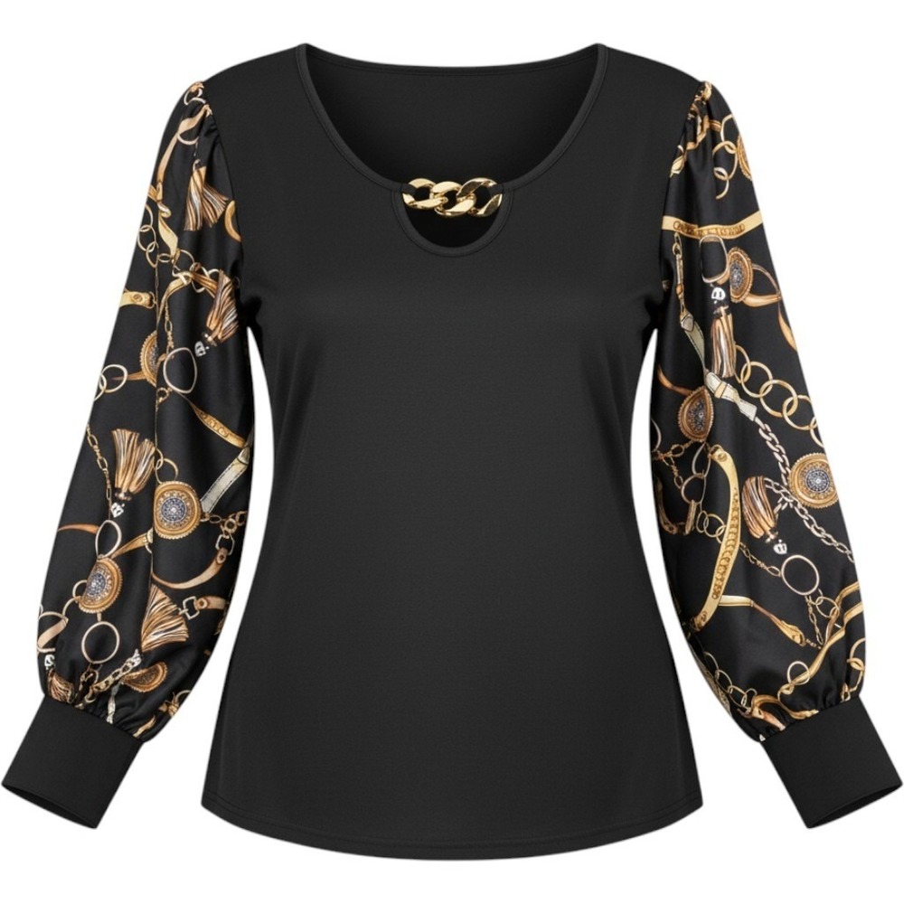 Shein Curve Blouse Womens 2XL Black Gold Chain Print Keyhole Long Sleeve Top